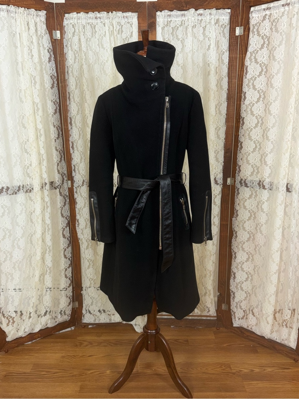 Gorgeous Mackage Leather Trim Wool Cashmere Asymmetric Zip Coat